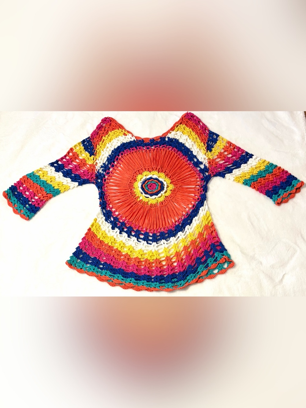 Vibrant Boho Rainbow Crochet Cover Up Tunic Mandala Knit Festival Top S/M